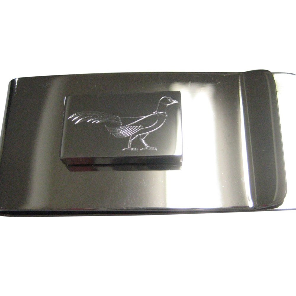 Silver Toned Rectangular Etched Pheasant Bird Money Clip